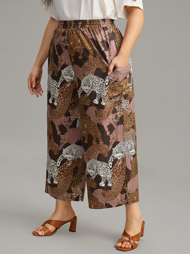 Plus Size Leopard Print Elastic Waist Straight Leg Pants Women Multicolor Casual Wide Leg High Rise Dailywear Pants BloomChic 22-24/3X 