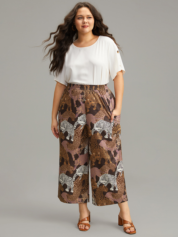 Plus Size Leopard Print Elastic Waist Straight Leg Pants Women Multicolor Casual Wide Leg High Rise Dailywear Pants BloomChic 22-24/3X 