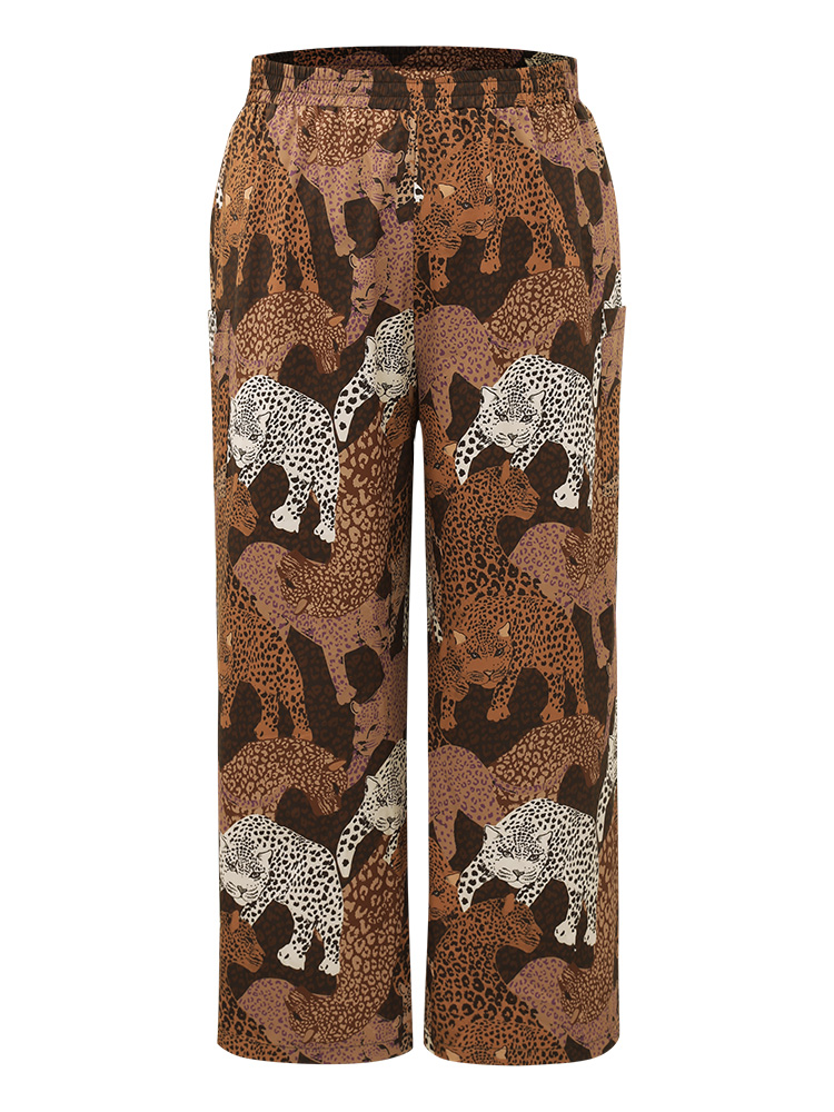 Plus Size Leopard Print Elastic Waist Straight Leg Pants Women Multicolor Casual Wide Leg High Rise Dailywear Pants BloomChic 22-24/3X 