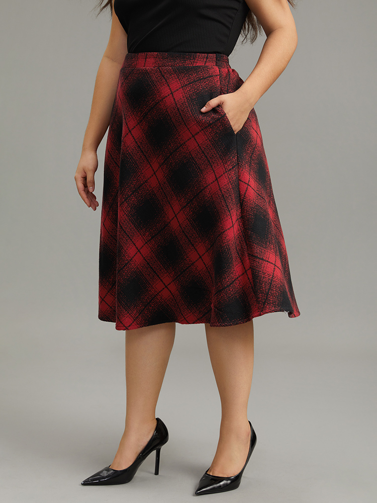 

Plus Size Plaid Pocket Elastic Waist Skirt Women Red Casual A-line No stretch Pocket Everyday Skirts BloomChic