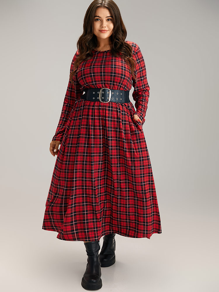 

Plus Size Christmas Plaid Elastic Waist Pocket Dress Raspberry Women Casual Printed Round Neck Long Sleeve Curvy Midi Dress BloomChic
