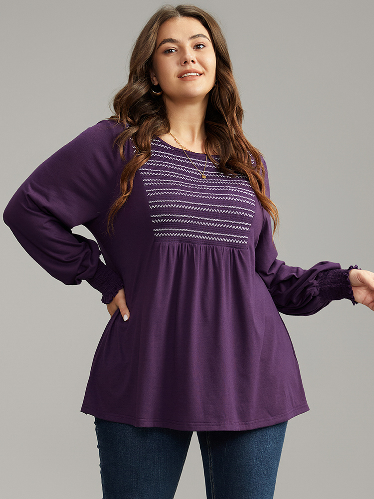 

Geometric Shirred Ruffles Crew Neck T-shirt, Eggplant