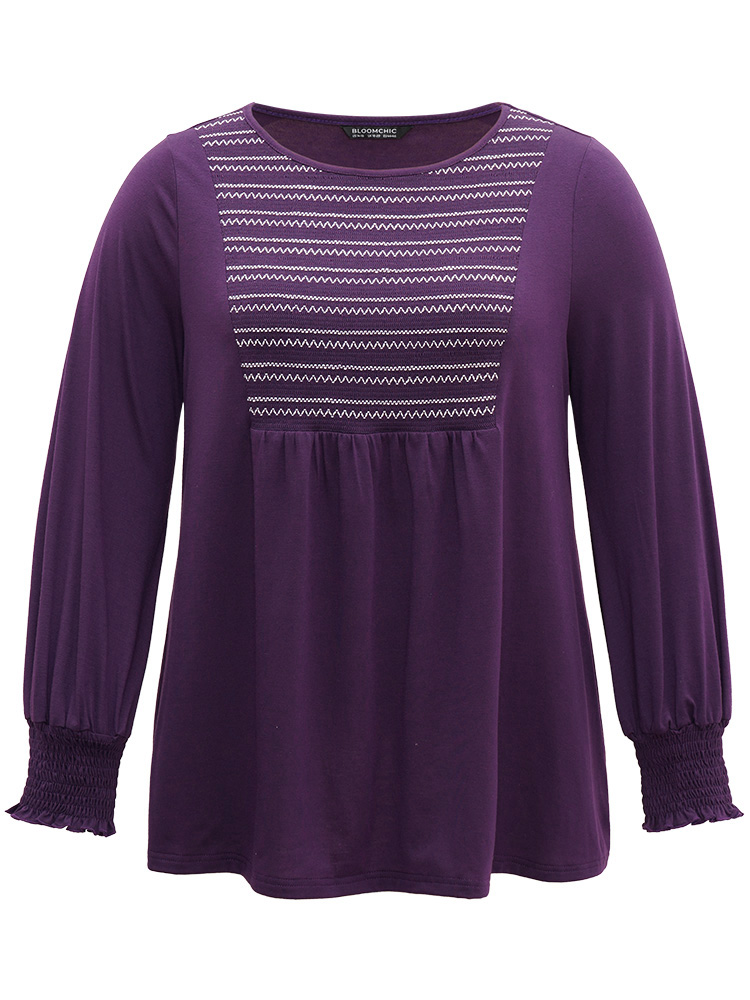 

Plus Size Geometric Shirred Ruffles Crew Neck T-shirt Eggplant Round Neck Long Sleeve Elegant Jersey Tops