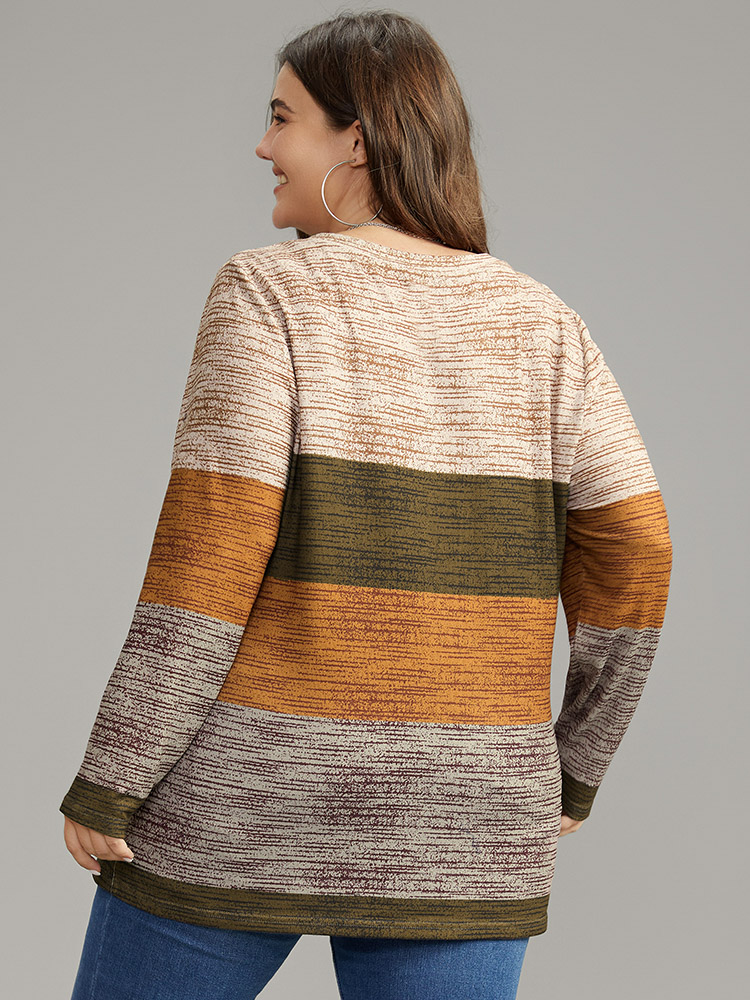 Plus Size Striped Colorblock Contrast V Neck T-shirt Multicolor Women Casual Contrast Colorblock V-neck Everyday T-shirts BloomChic 18-20/2X 