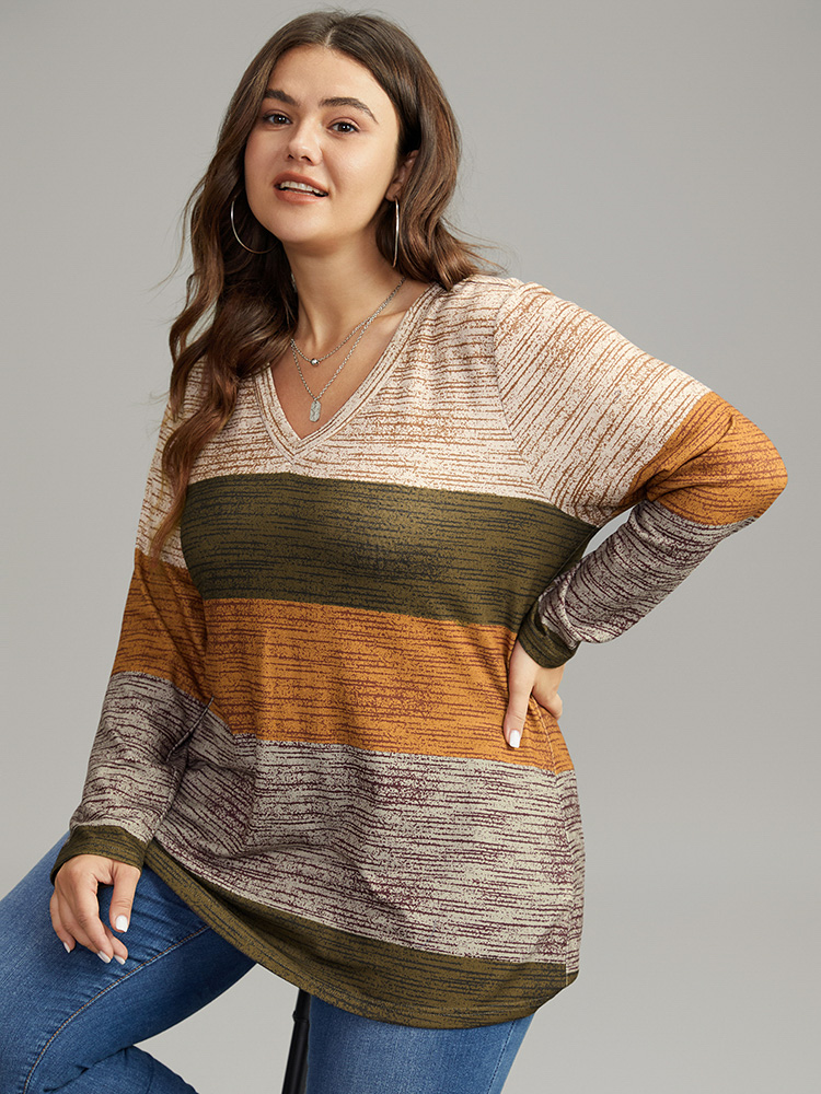 Plus Size Striped Colorblock Contrast V Neck T-shirt Multicolor Women Casual Contrast Colorblock V-neck Everyday T-shirts BloomChic 18-20/2X 