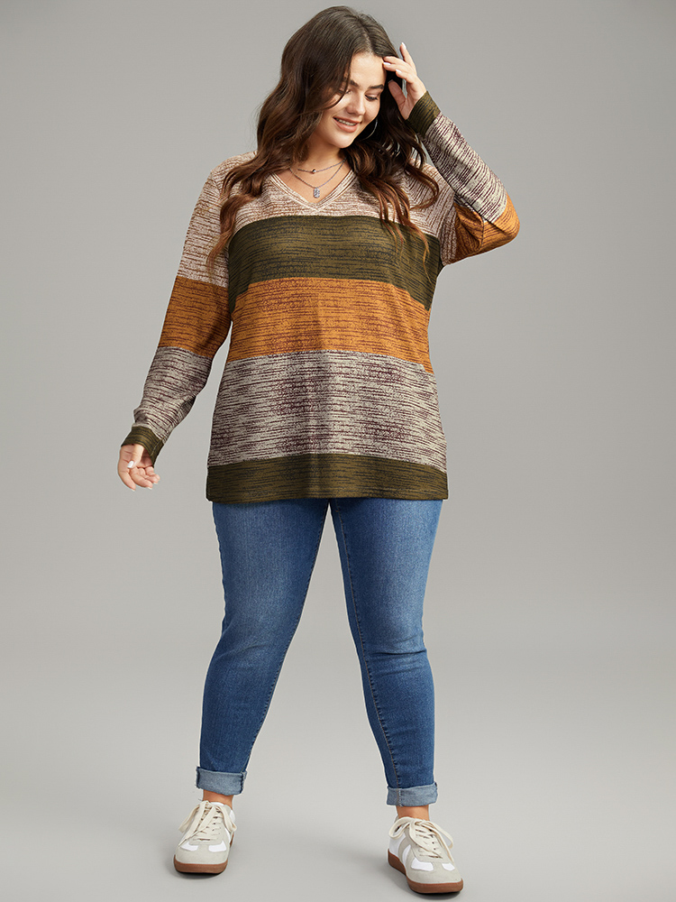 Plus Size Striped Colorblock Contrast V Neck T-shirt Multicolor Women Casual Contrast Colorblock V-neck Everyday T-shirts BloomChic 18-20/2X 