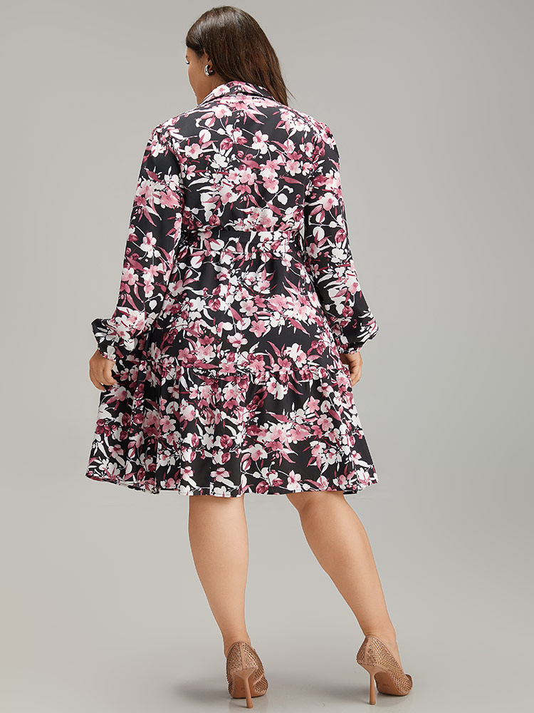 Plus Size Women Dailywear Floral Button Lantern Sleeve Long Sleeve V-neck Pocket Belt Elegant Dresses BloomChic 