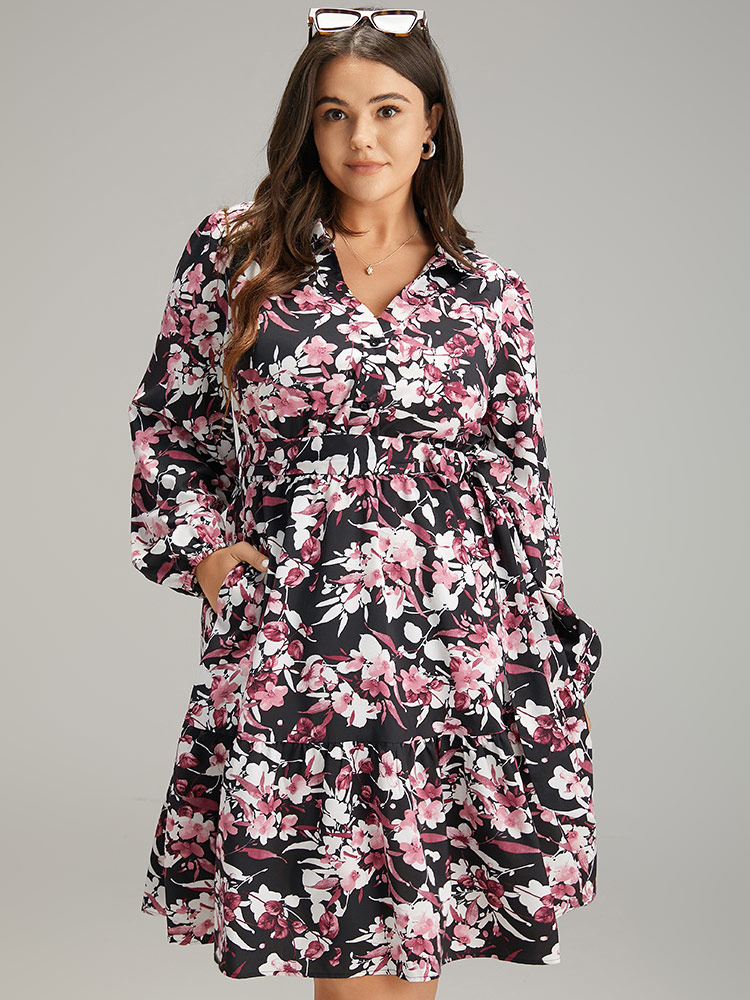 Plus Size Women Dailywear Floral Button Lantern Sleeve Long Sleeve V-neck Pocket Belt Elegant Dresses BloomChic 