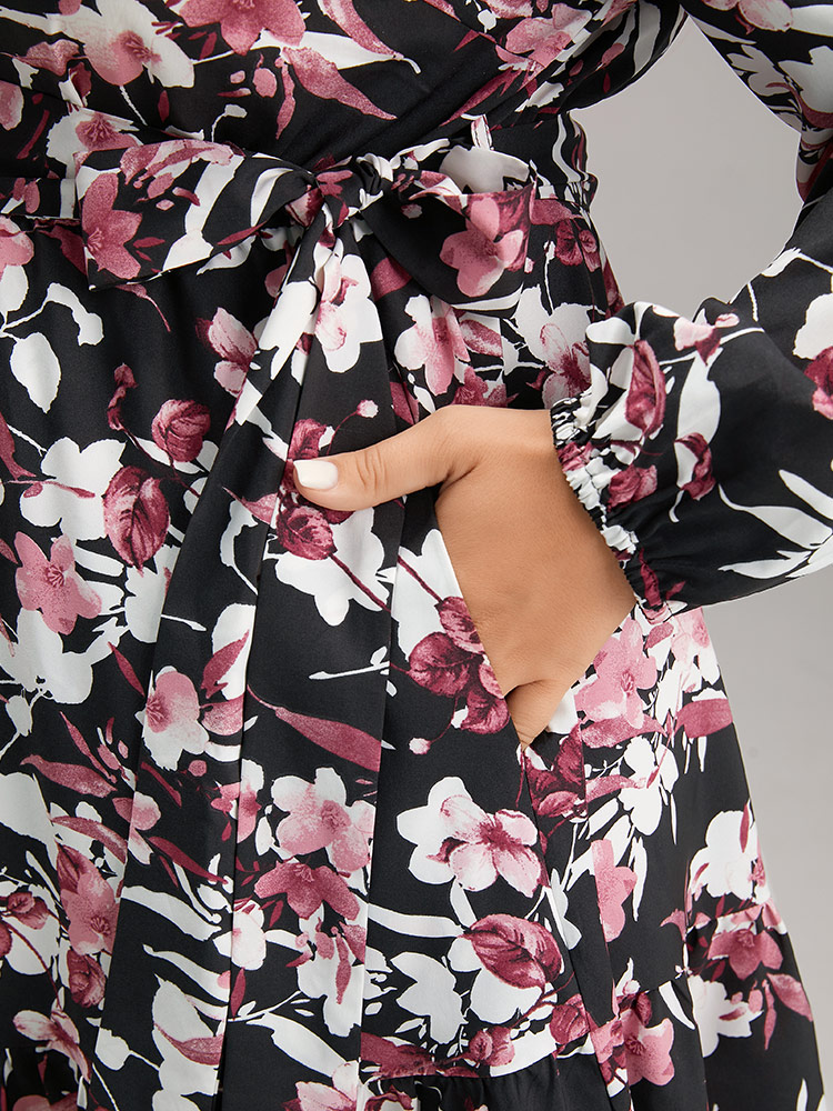 Plus Size Women Dailywear Floral Button Lantern Sleeve Long Sleeve V-neck Pocket Belt Elegant Dresses BloomChic 