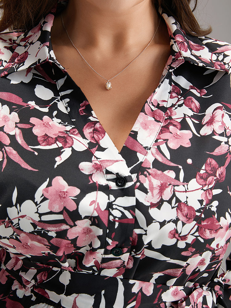 Plus Size Women Dailywear Floral Button Lantern Sleeve Long Sleeve V-neck Pocket Belt Elegant Dresses BloomChic 