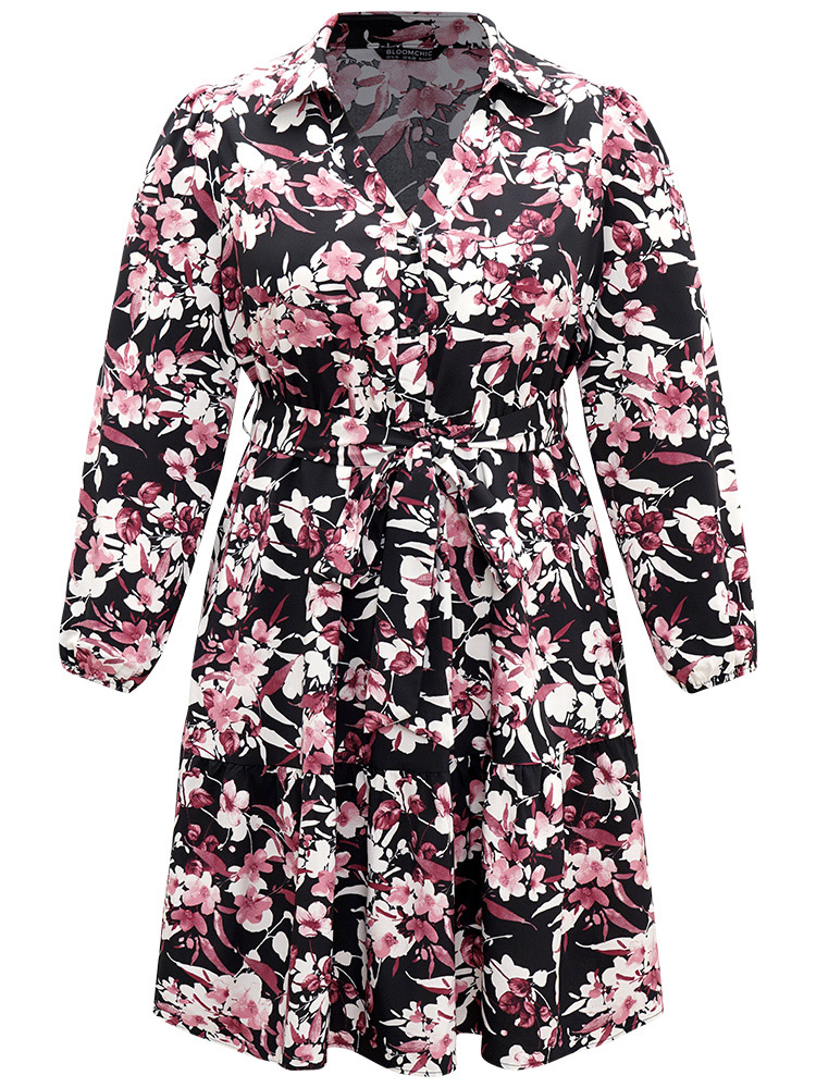 Plus Size Women Dailywear Floral Button Lantern Sleeve Long Sleeve V-neck Pocket Belt Elegant Dresses BloomChic 