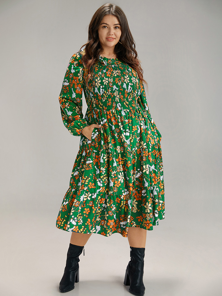 

Plus Size Floral Print Keyhole Shirred Dress Green Women Elegant Elastic cuffs Mock Neck Long Sleeve Curvy Midi Dress BloomChic