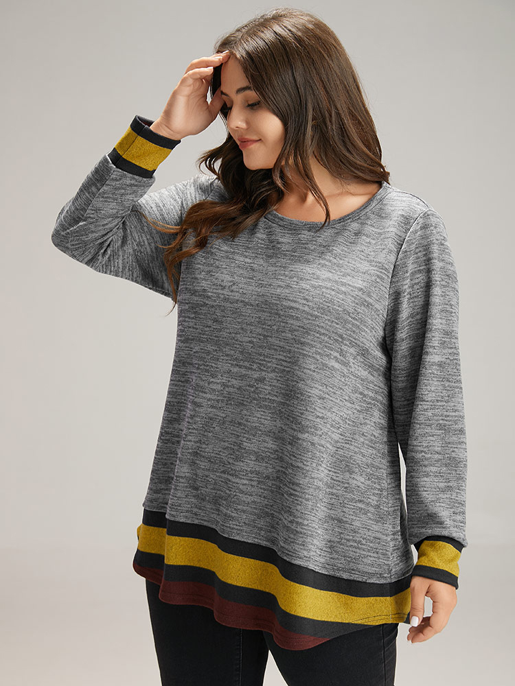 

Plus Size Striped Heather Patchwork Curved Hem Sweatshirt Women Gray Casual Contrast Round Neck Dailywear Sweatshirts BloomChic