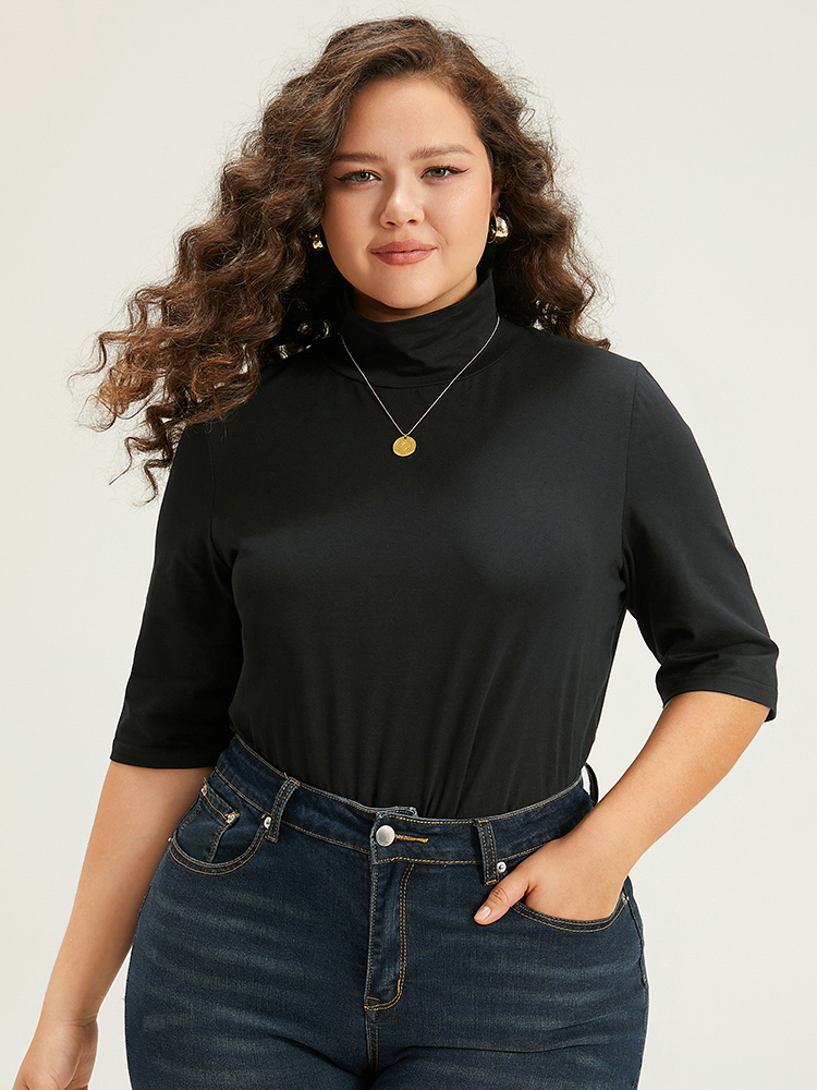 

Plus Size Cotton Plain Basic Turtleneck T-shirt Black Women Elegant Plain Plain Turtleneck Dailywear T-shirts BloomChic