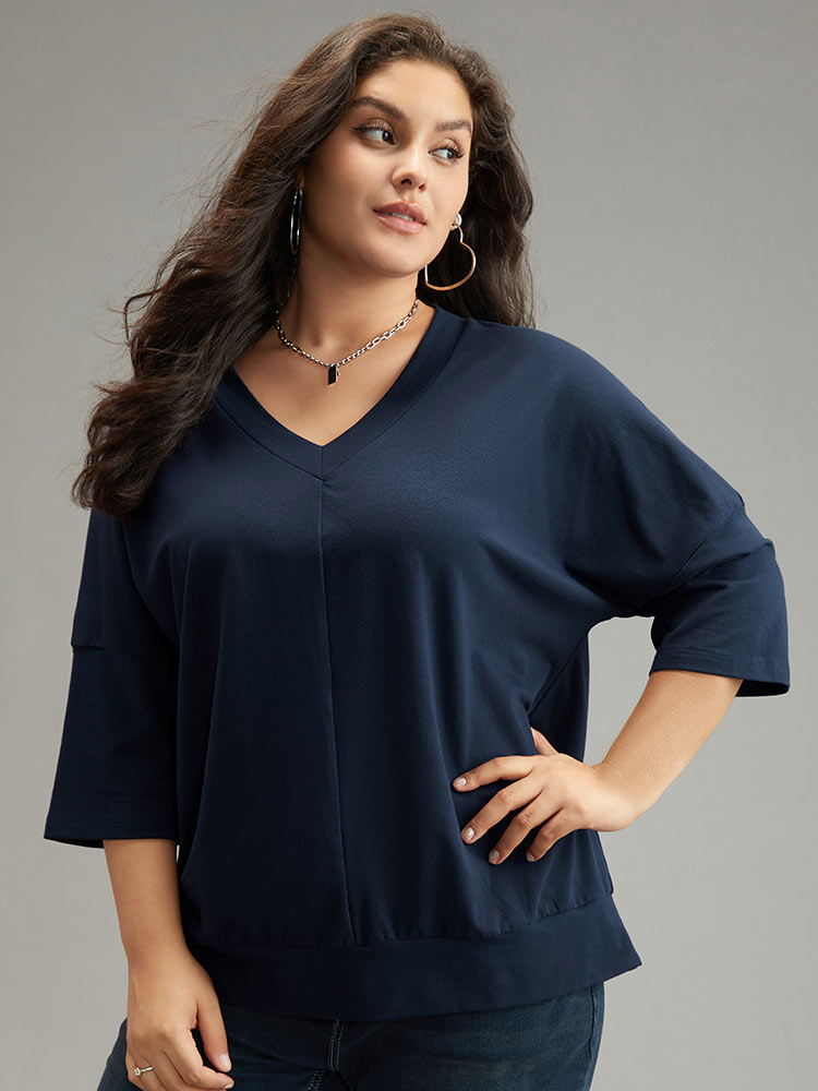 

Plus Size Cotton V Neck Dolman Sleeve Sweatshirt Women Indigo Casual Plain V-neck Everyday Sweatshirts BloomChic