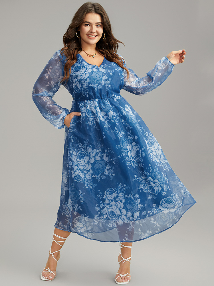 

Plus Size Silhouette Floral Print Elastic Cuffs Mesh Dress Cerulean Women Elegant Elastic cuffs V-neck Long Sleeve Curvy Midi Dress BloomChic