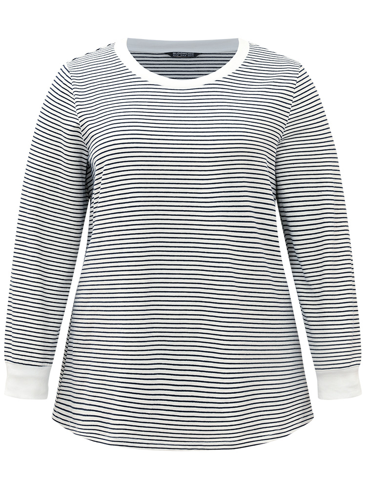 

Plus Size Cotton Striped Striped Sweatshirt Women Indigo Casual Elastic cuffs Round Neck Everyday Sweatshirts BloomChic