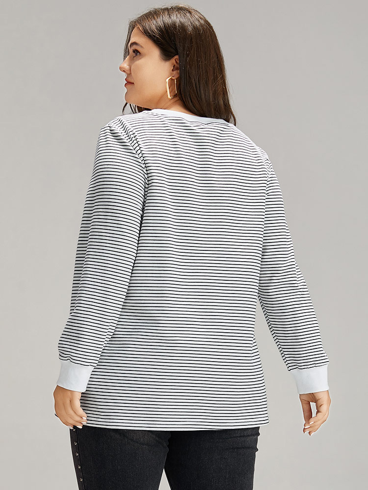 Plus Size Cotton Striped Striped Sweatshirt Women Indigo Casual Elastic cuffs Round Neck Everyday Sweatshirts BloomChic 22-24/3X 