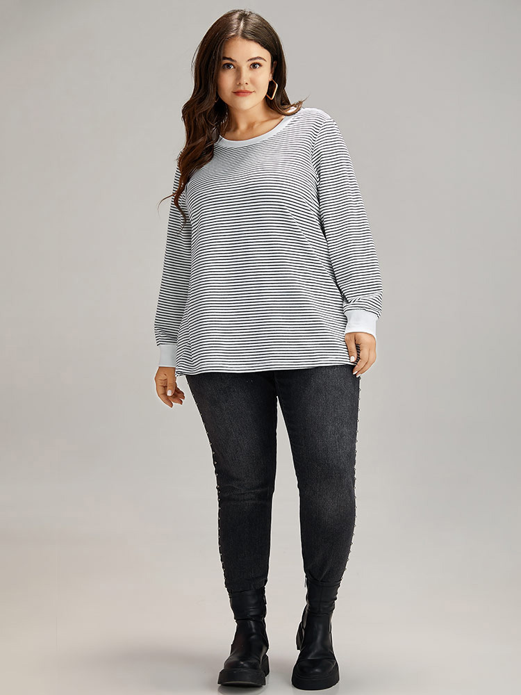 Plus Size Cotton Striped Striped Sweatshirt Women Indigo Casual Elastic cuffs Round Neck Everyday Sweatshirts BloomChic 22-24/3X 