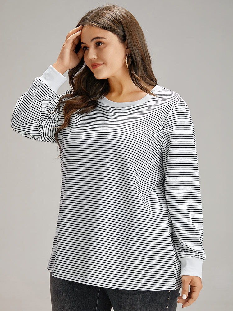 Plus Size Cotton Striped Striped Sweatshirt Women Indigo Casual Elastic cuffs Round Neck Everyday Sweatshirts BloomChic 22-24/3X 