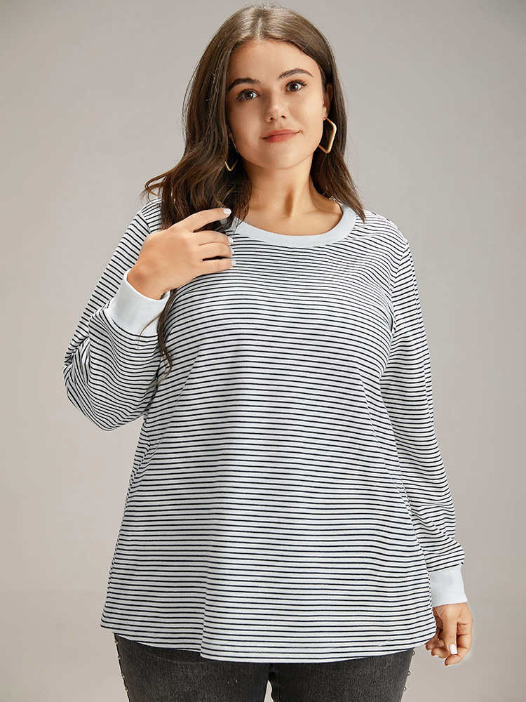 Plus Size Cotton Striped Striped Sweatshirt Women Indigo Casual Elastic cuffs Round Neck Everyday Sweatshirts BloomChic 22-24/3X 