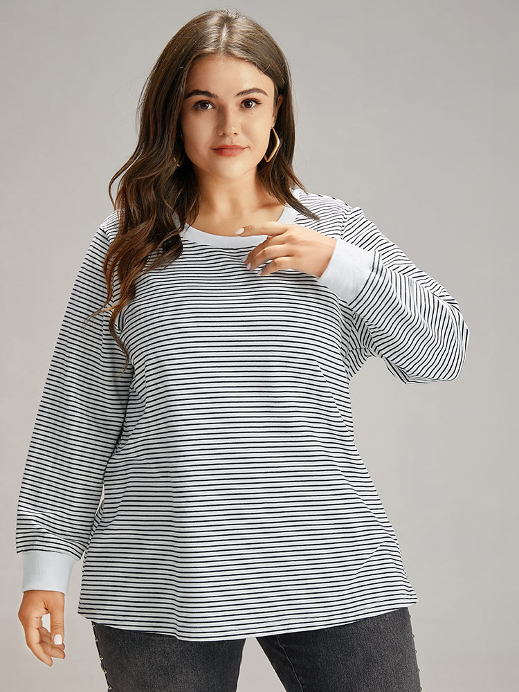 Plus Size Cotton Striped Striped Sweatshirt Women Indigo Casual Elastic cuffs Round Neck Everyday Sweatshirts BloomChic 22-24/3X 