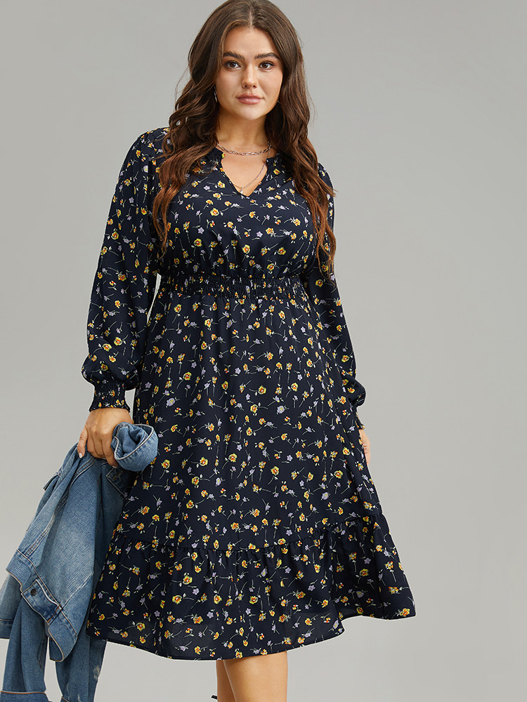 

Plus Size Ditsy Floral Notched Shirred Frill Trim Dress Indigo Women Elegant Printed Notched collar Long Sleeve Curvy Midi Dress BloomChic