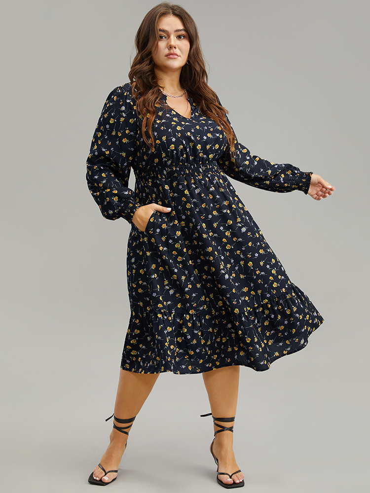 

Plus Size Ditsy Floral Notched Shirred Frill Trim Dress Indigo Women Elegant Printed Notched collar Long Sleeve Curvy Midi Dress BloomChic