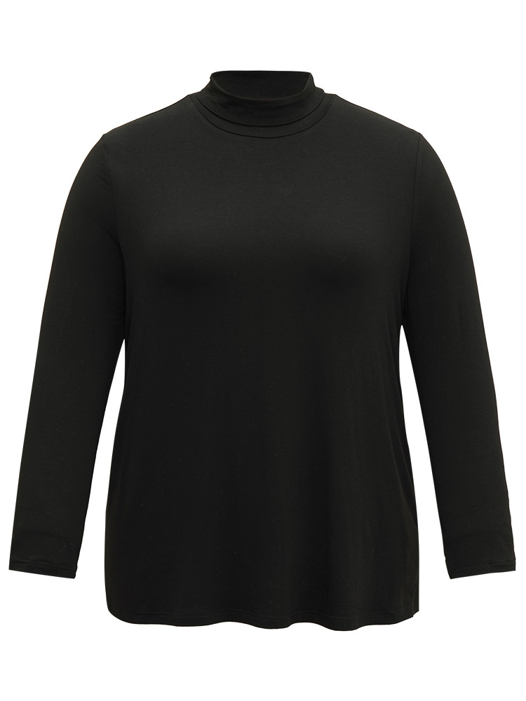 

Plus Size Cotton Solid Funnel Neck T-shirt Black Women Casual Plain Plain Turtleneck Dailywear T-shirts BloomChic