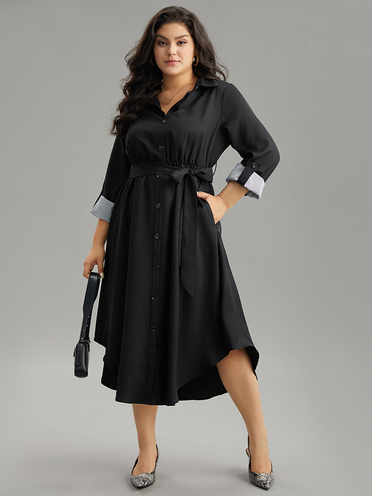 

Plus Size Patchwork Button Through Arc Hem Tab Sleeve Dress Black Women Office Plain Shirt collar Long Sleeve Curvy Midi Dress BloomChic