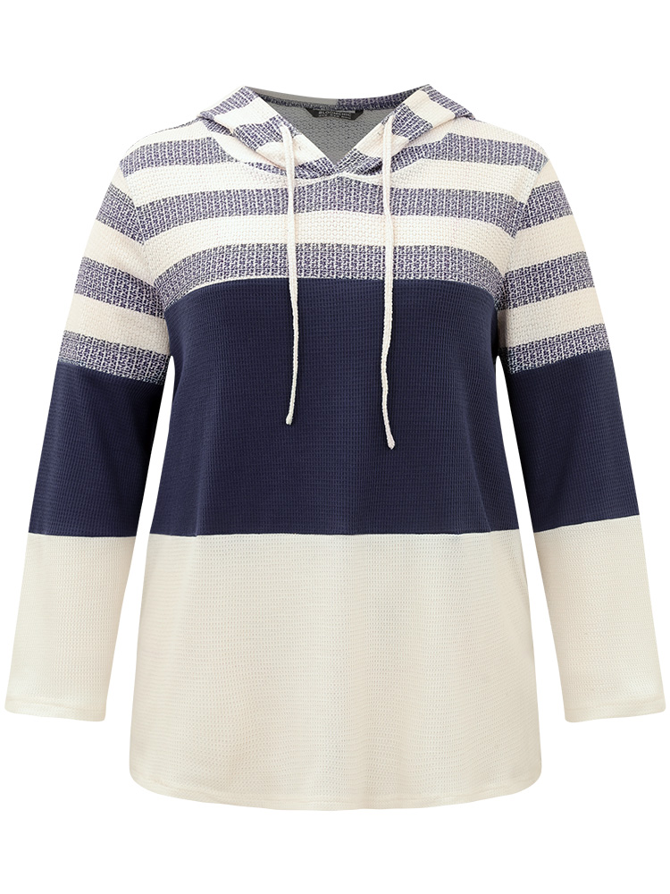 Plus Size Waffle Knit Striped Colorblock Hooded Sweatshirt Women Indigo Casual Contrast Hooded Dailywear Sweatshirts BloomChic 30/6X 