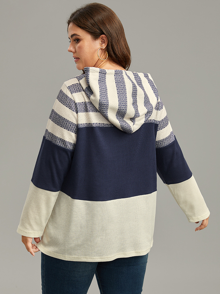 Plus Size Waffle Knit Striped Colorblock Hooded Sweatshirt Women Indigo Casual Contrast Hooded Dailywear Sweatshirts BloomChic 30/6X 