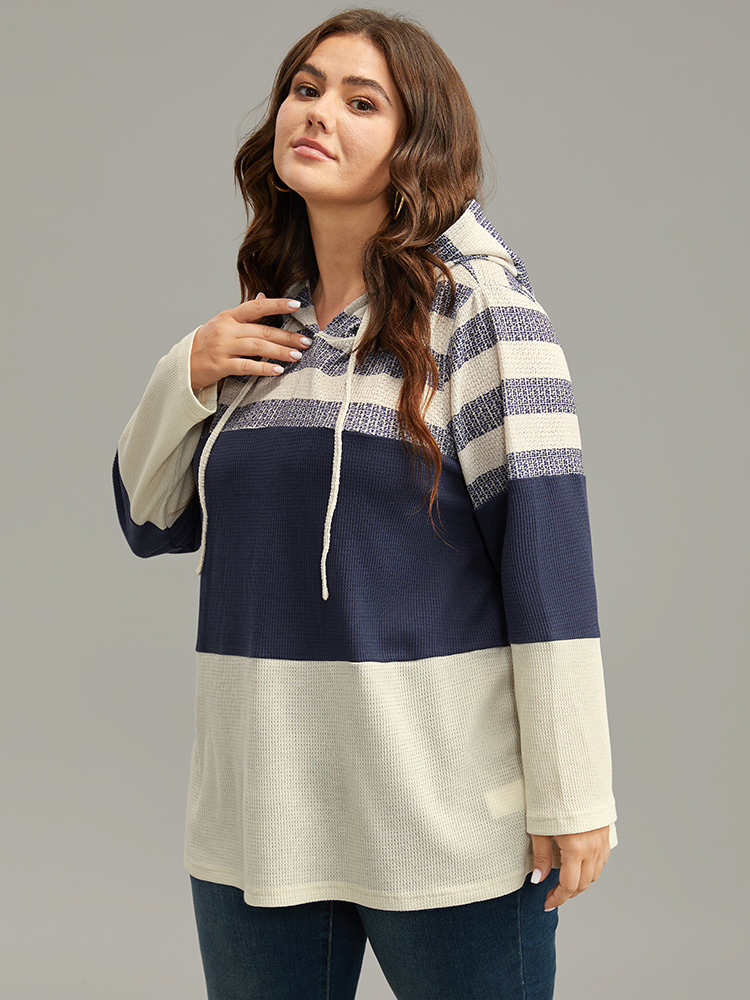 Plus Size Waffle Knit Striped Colorblock Hooded Sweatshirt Women Indigo Casual Contrast Hooded Dailywear Sweatshirts BloomChic 30/6X 