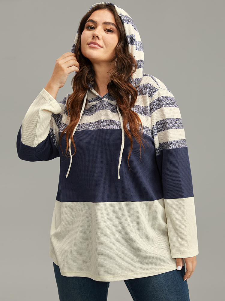 Plus Size Waffle Knit Striped Colorblock Hooded Sweatshirt Women Indigo Casual Contrast Hooded Dailywear Sweatshirts BloomChic 30/6X 