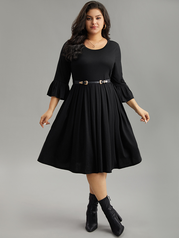 Plus Size Women Dailywear Plain Pleated Ruffle Sleeve Elbow-length sleeve Round Neck Pocket Casual Dresses BloomChic 