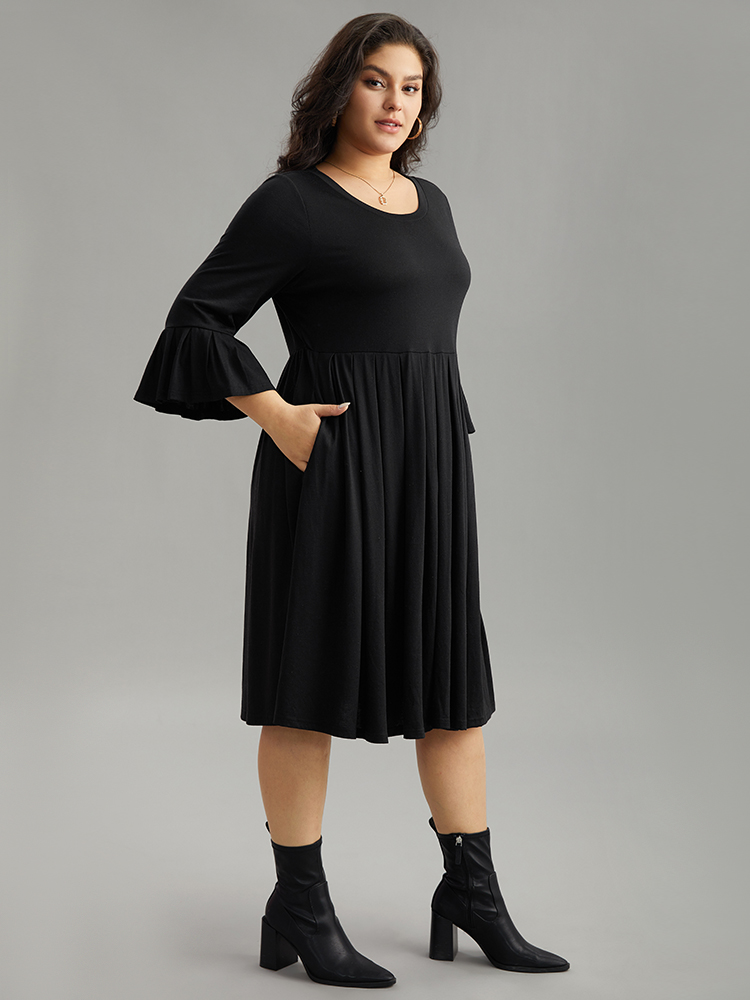 Plus Size Women Dailywear Plain Pleated Ruffle Sleeve Elbow-length sleeve Round Neck Pocket Casual Dresses BloomChic 