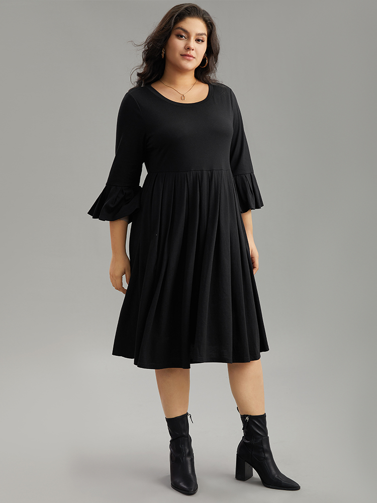 Plus Size Women Dailywear Plain Pleated Ruffle Sleeve Elbow-length sleeve Round Neck Pocket Casual Dresses BloomChic 