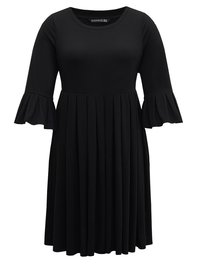 Plus Size Women Dailywear Plain Pleated Ruffle Sleeve Elbow-length sleeve Round Neck Pocket Casual Dresses BloomChic 