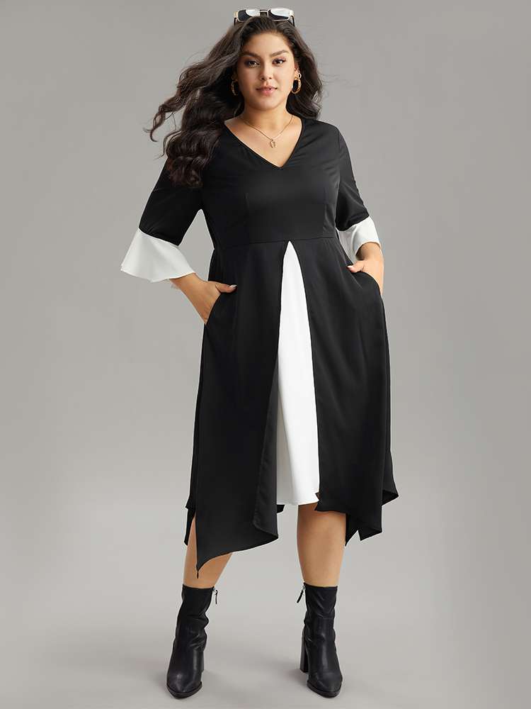 

Plus Size Contrast Ruffle Sleeve Hanky Hem Dress Black Women Elegant Patchwork V-neck Elbow-length sleeve Curvy Midi Dress BloomChic