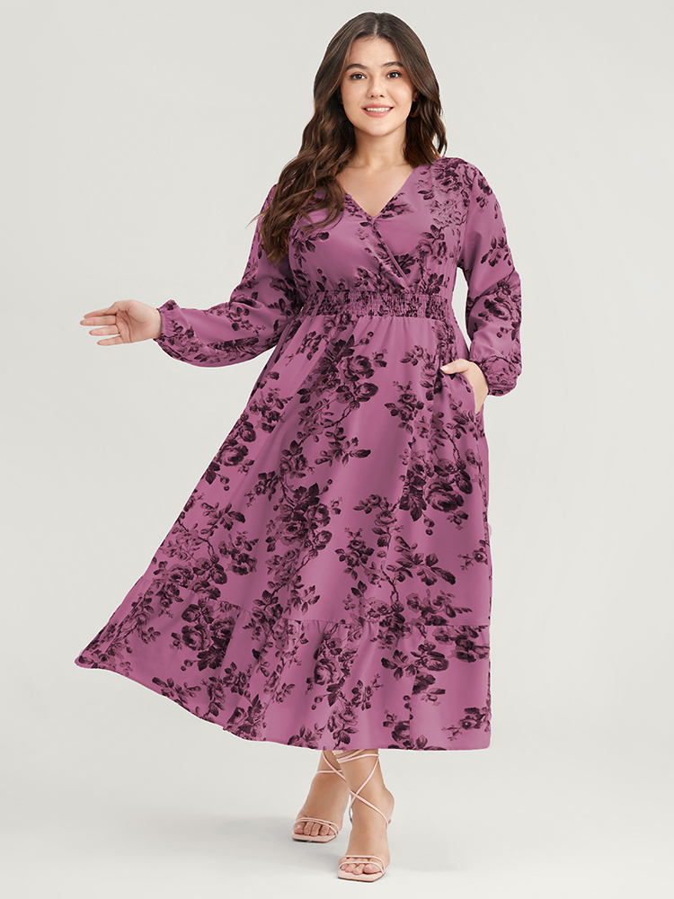 

Plus Size Floral Wrap Lantern Sleeve Pocket Shirred Ruffle Hem Dress Mauve Women Elegant Pocket V-neck Long Sleeve Curvy Midi Dress BloomChic