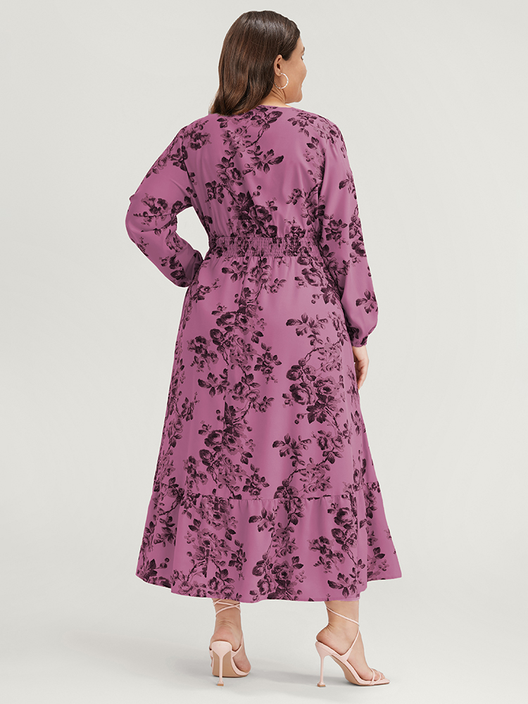 Plus Size Floral Wrap Lantern Sleeve Pocket Shirred Ruffle Hem Dress Mauve Women Elegant Pocket V-neck Long Sleeve Curvy Midi Dress BloomChic 18-20/2X 