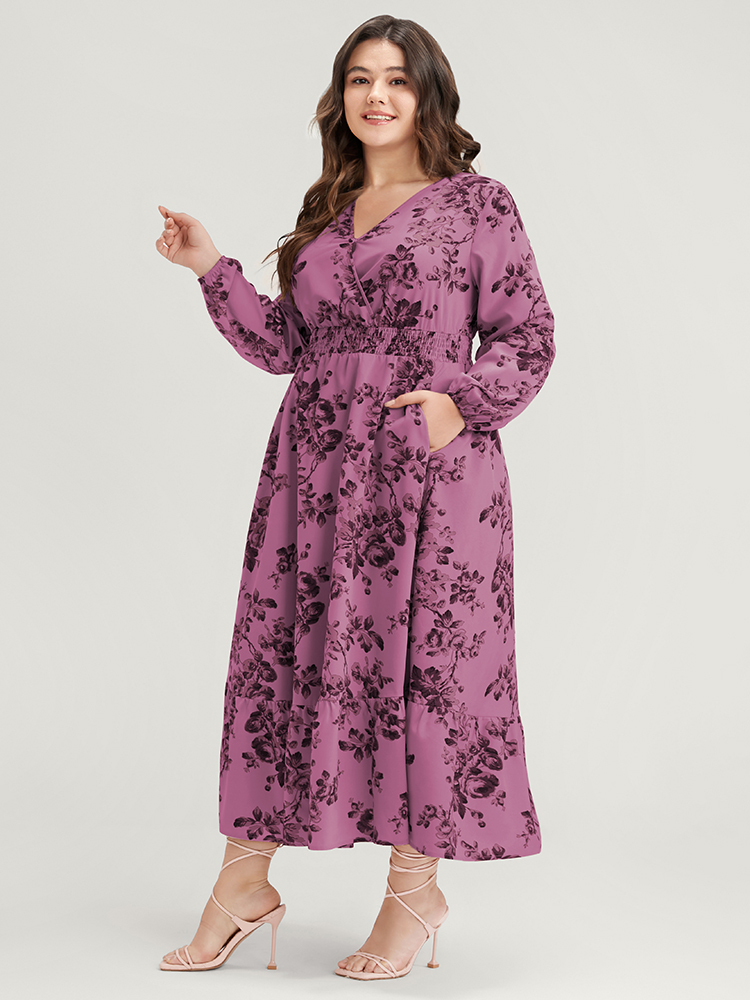 

Plus Size Floral Wrap Lantern Sleeve Pocket Shirred Ruffle Hem Dress Mauve Women Elegant Pocket V-neck Long Sleeve Curvy Midi Dress BloomChic