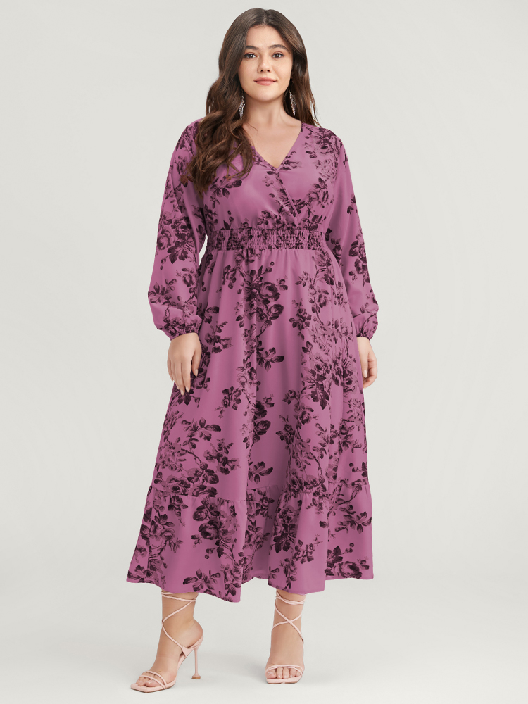 Plus Size Floral Wrap Lantern Sleeve Pocket Shirred Ruffle Hem Dress Mauve Women Elegant Pocket V-neck Long Sleeve Curvy Midi Dress BloomChic 18-20/2X 