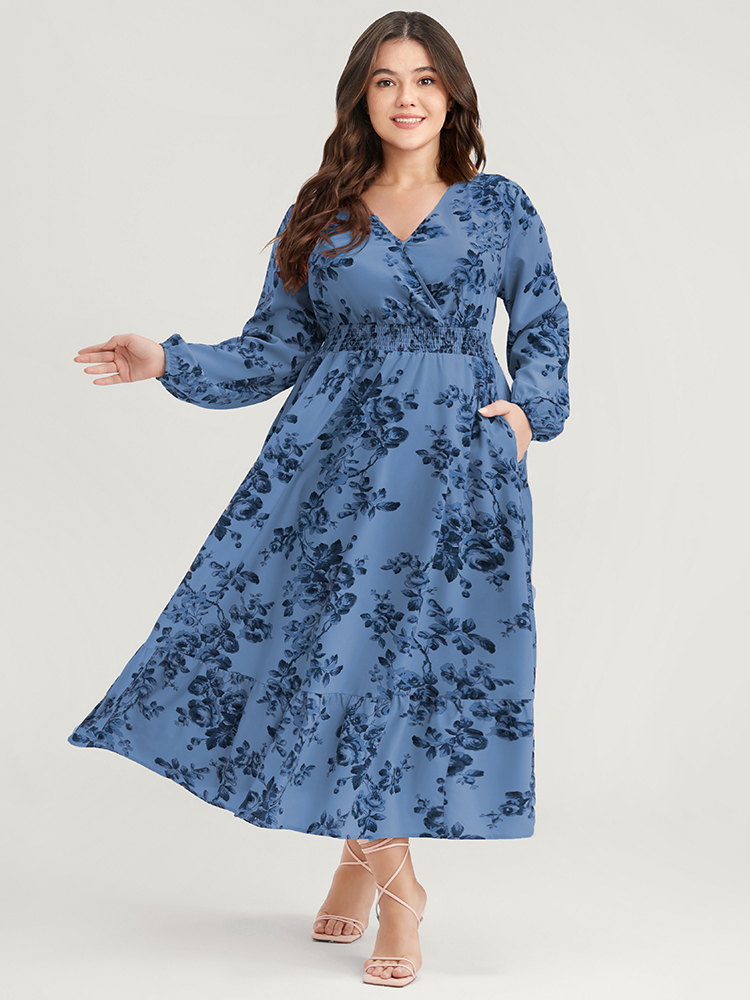 

Plus Size Floral Wrap Lantern Sleeve Pocket Shirred Ruffle Hem Dress Cerulean Women Elegant Pocket V-neck Long Sleeve Curvy Midi Dress BloomChic