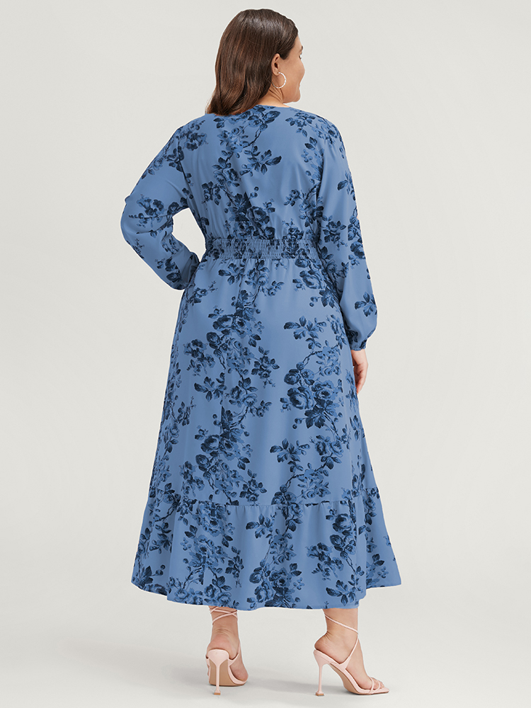 Plus Size Floral Wrap Lantern Sleeve Pocket Shirred Ruffle Hem Dress Cerulean Women Elegant Pocket V-neck Long Sleeve Curvy Midi Dress BloomChic 10/M 