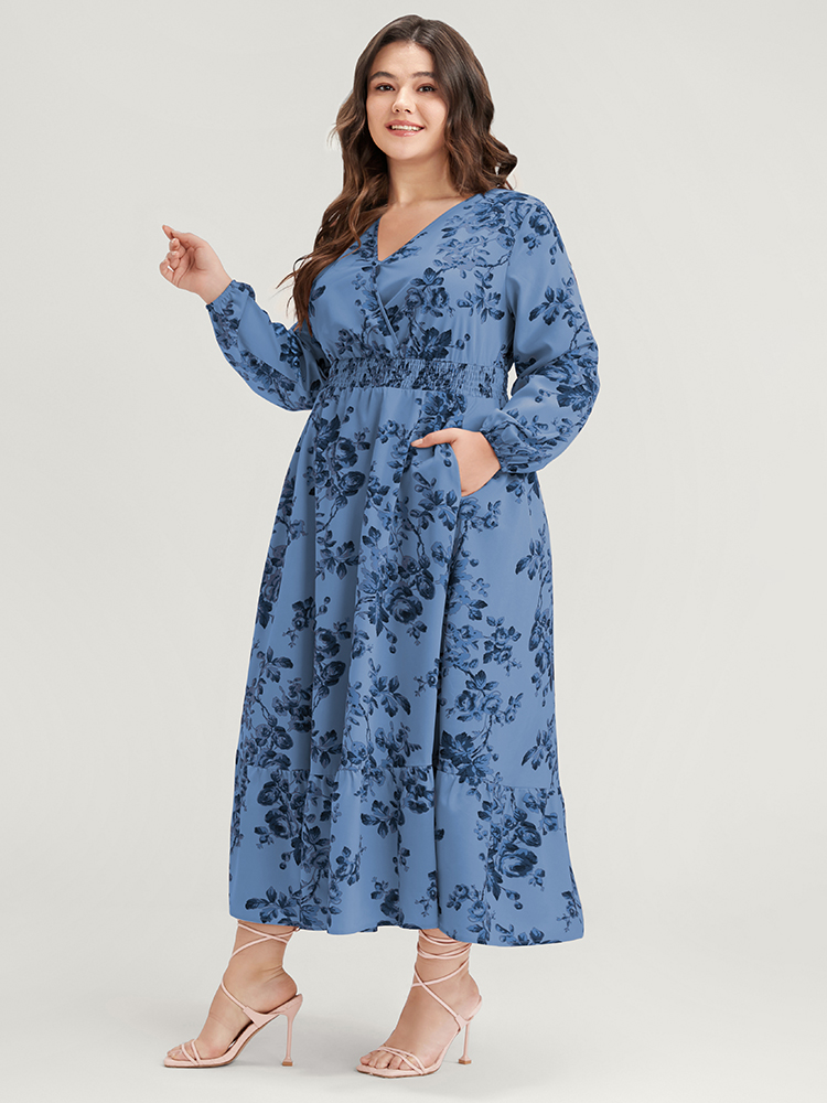 

Plus Size Floral Wrap Lantern Sleeve Pocket Shirred Ruffle Hem Dress Cerulean Women Elegant Pocket V-neck Long Sleeve Curvy Midi Dress BloomChic