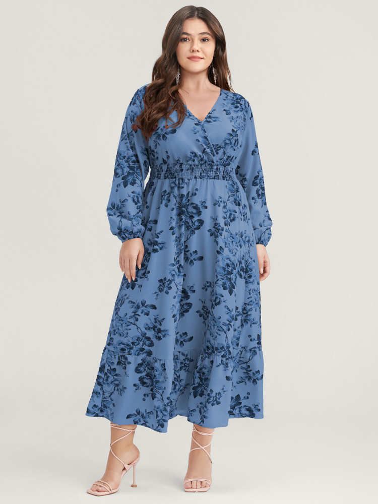 Plus Size Floral Wrap Lantern Sleeve Pocket Shirred Ruffle Hem Dress Cerulean Women Elegant Pocket V-neck Long Sleeve Curvy Midi Dress BloomChic 10/M 