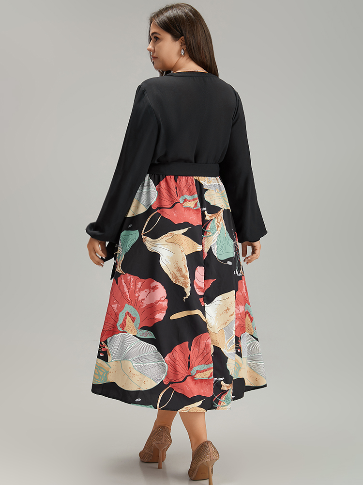 

Plus Size Floral Print Patchwork Notched Belted Dress Black Women Elegant Elastic cuffs Notched collar Long Sleeve Curvy Midi Dress BloomChic