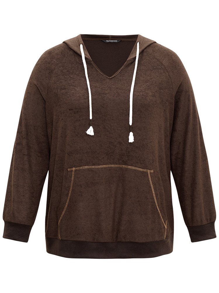 Plus Size Stitch Tassels Drawstring Hooded Sweatshirt Women DarkBrown Casual Elastic cuffs Hooded Dailywear Sweatshirts BloomChic 18-20/2X 