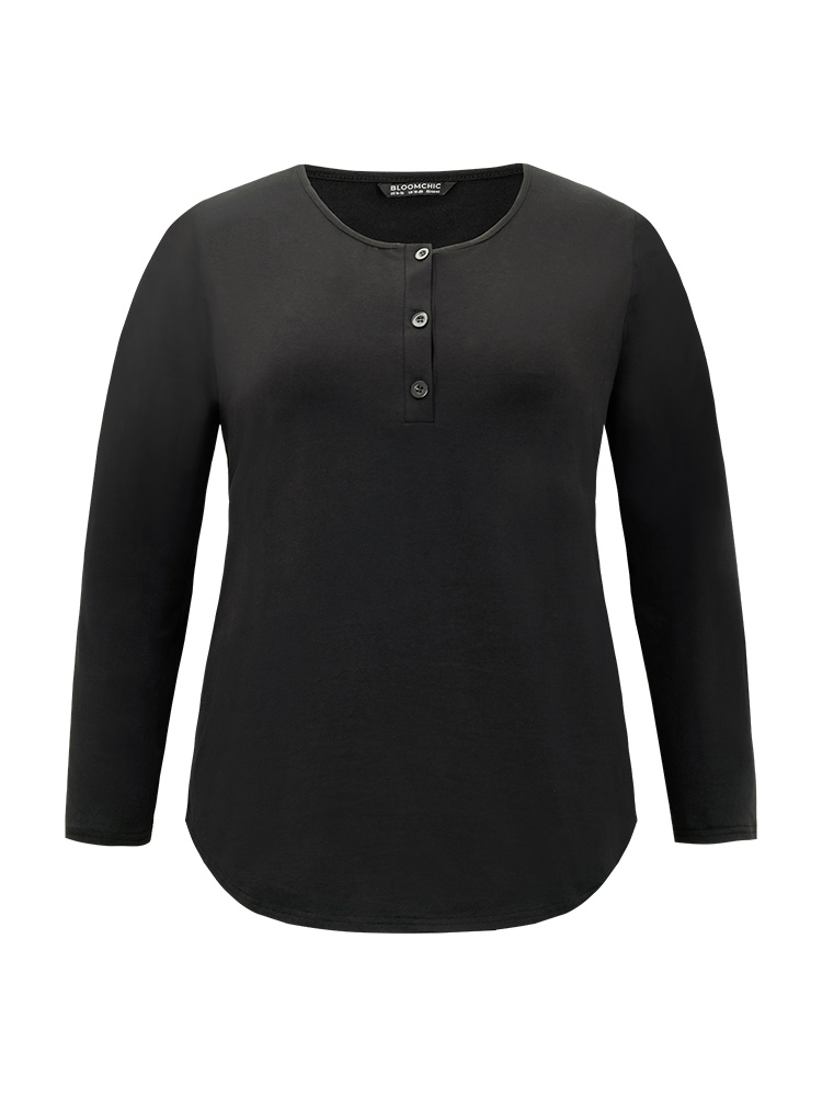 

Plus Size Cotton Solid Button Through Arc Hem T-shirt Black Women Elegant Plain Plain Open Front Dailywear T-shirts BloomChic